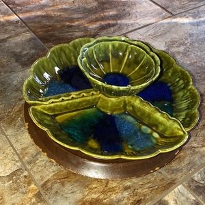 California MCM Lazy Susan Drip Glaze Large Server blues green USA  Pottery